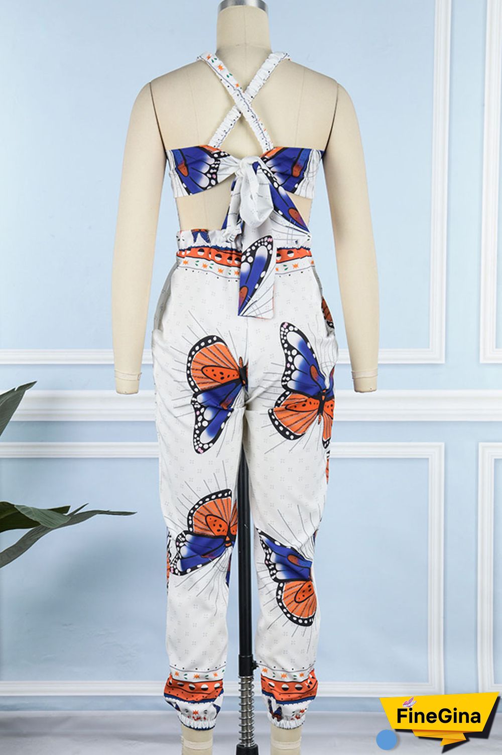 White Sexy Print Bandage Patchwork Backless Spaghetti Strap Regular Jumpsuits