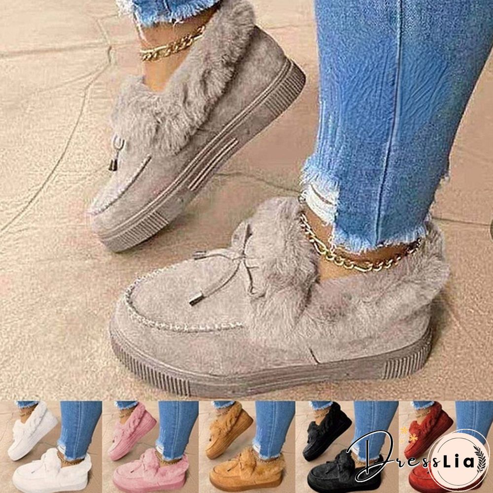 Women Bowknot Suede Faux Fur Moccasin Shoes Warm Lightweight Slippers Non-Slip Platform Shoes Winter Cute Soft Snow Boots Casual Suede Flat Plush Shoes