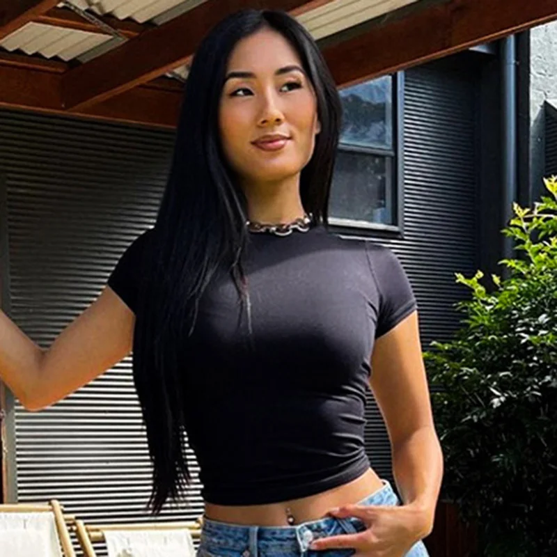 Woherb Woherb Spice Girl Wind Pure Color Short Sleeve Basic T-Shirt Women's New Round Collar Slim Bottom Jacket Tide-Outfit Ideas