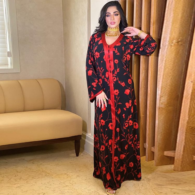 Contrast color printed long sleeve dress abaya