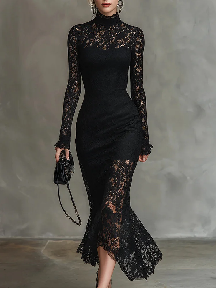 Elegant Black Stretch Lace Fishtail Maxi Dress
