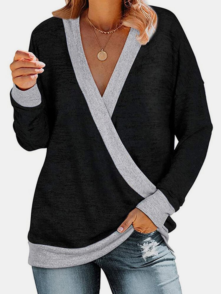 Leopard V neck Patchwork Long Sleeve Casual T Shirt For Women P1775880