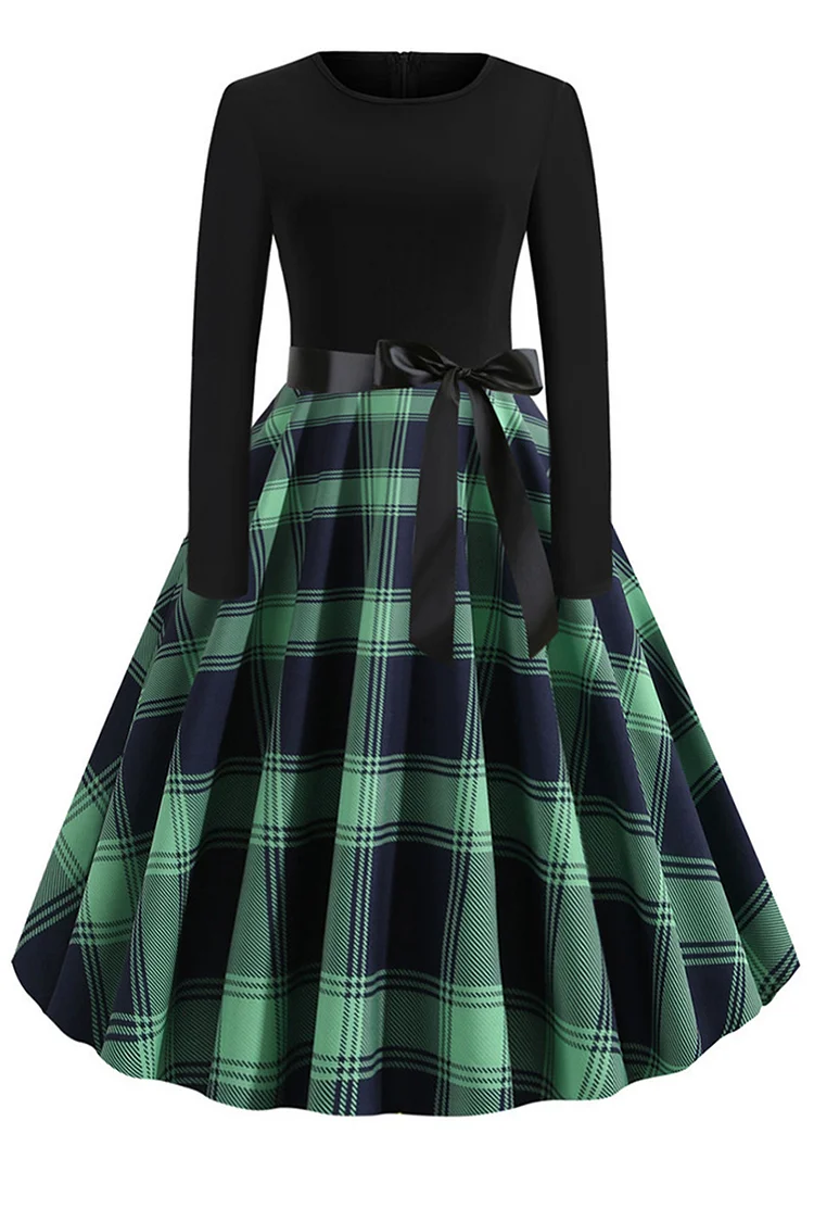 1950s Green Retro Casual Print Plaid Round Neck Long Sleeve A-Line Midi Dress