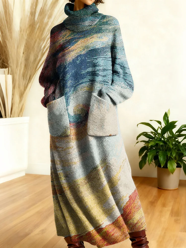 Women's Retro Geometric Patchwork High-neck Long-sleeve Casual Loose Knit Dress