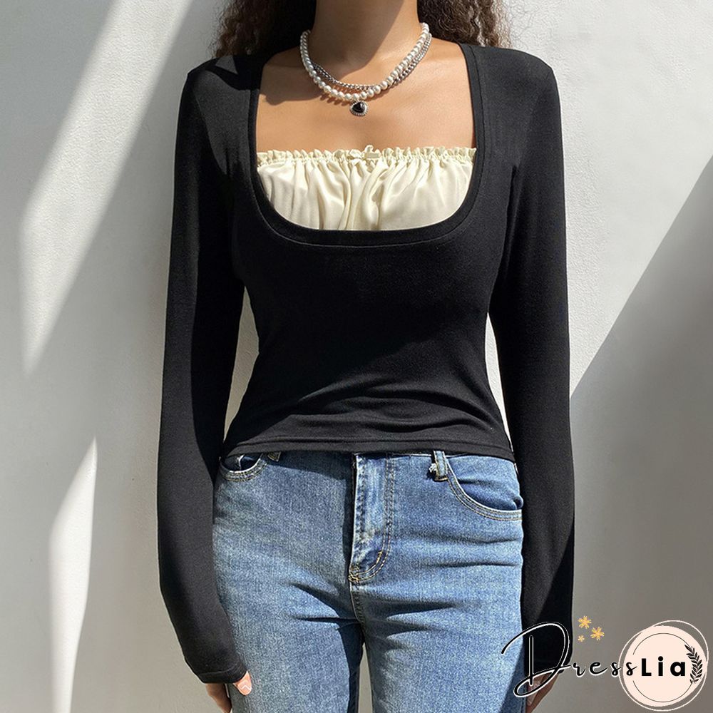 Square Neck Ruffled Pleated Long-Sleeved T-Shirt
