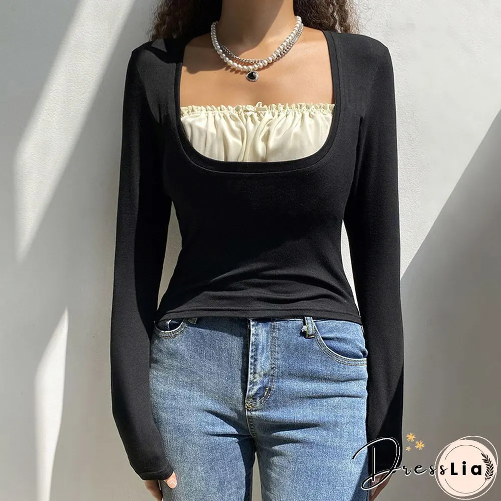 Square Neck Ruffled Pleated Long-Sleeved T-Shirt