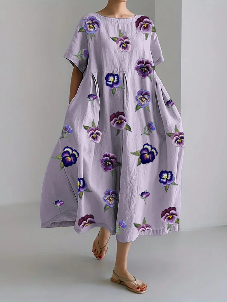 Pansy Floral Embroidery Linen Blend Maxi Dress