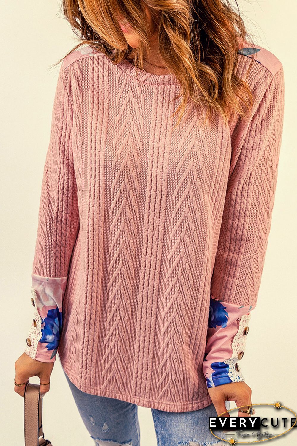 Pink Floral Lace Patchwork Knitted Long Sleeve Top
