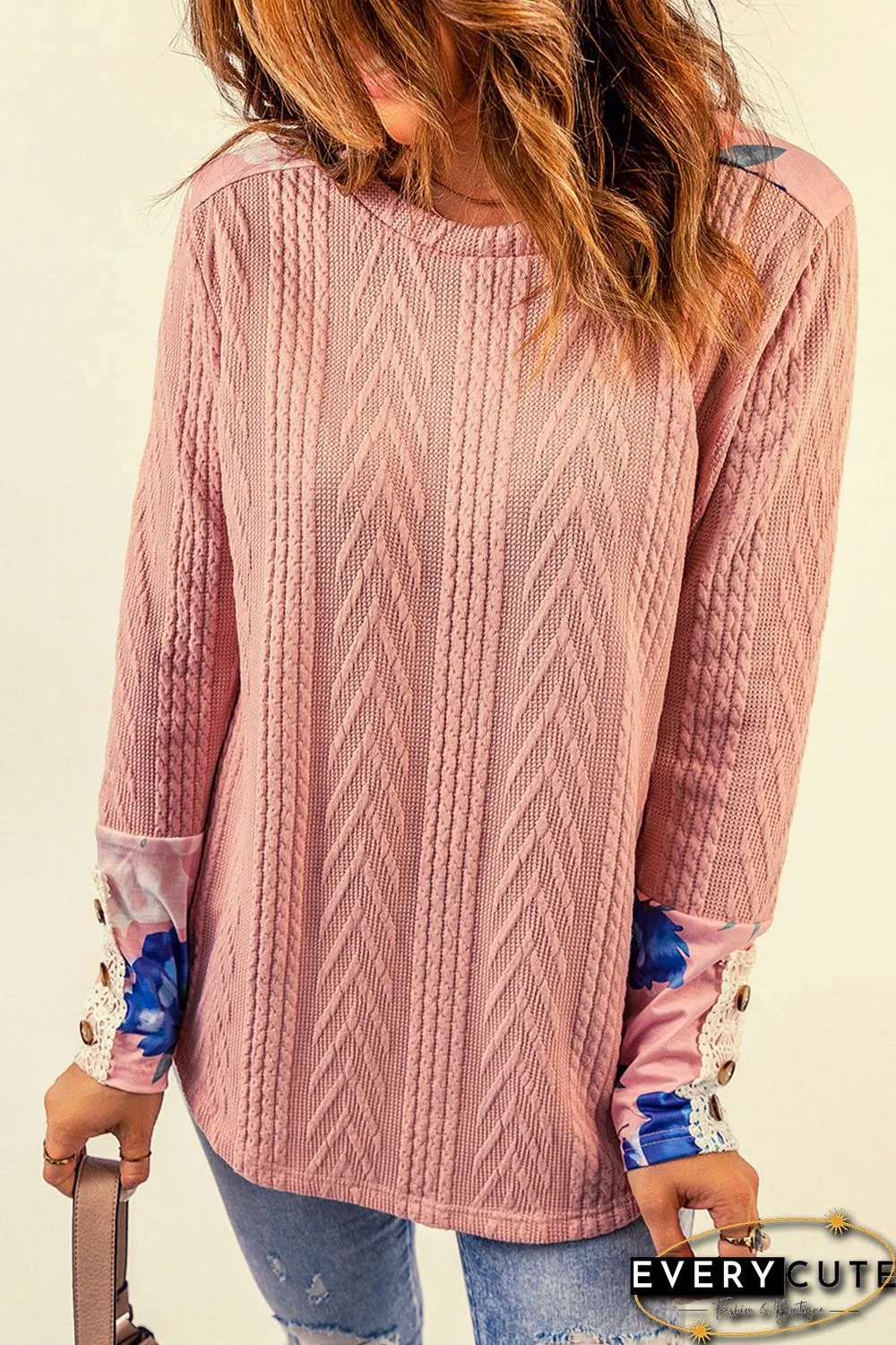 Pink Floral Lace Patchwork Knitted Long Sleeve Top