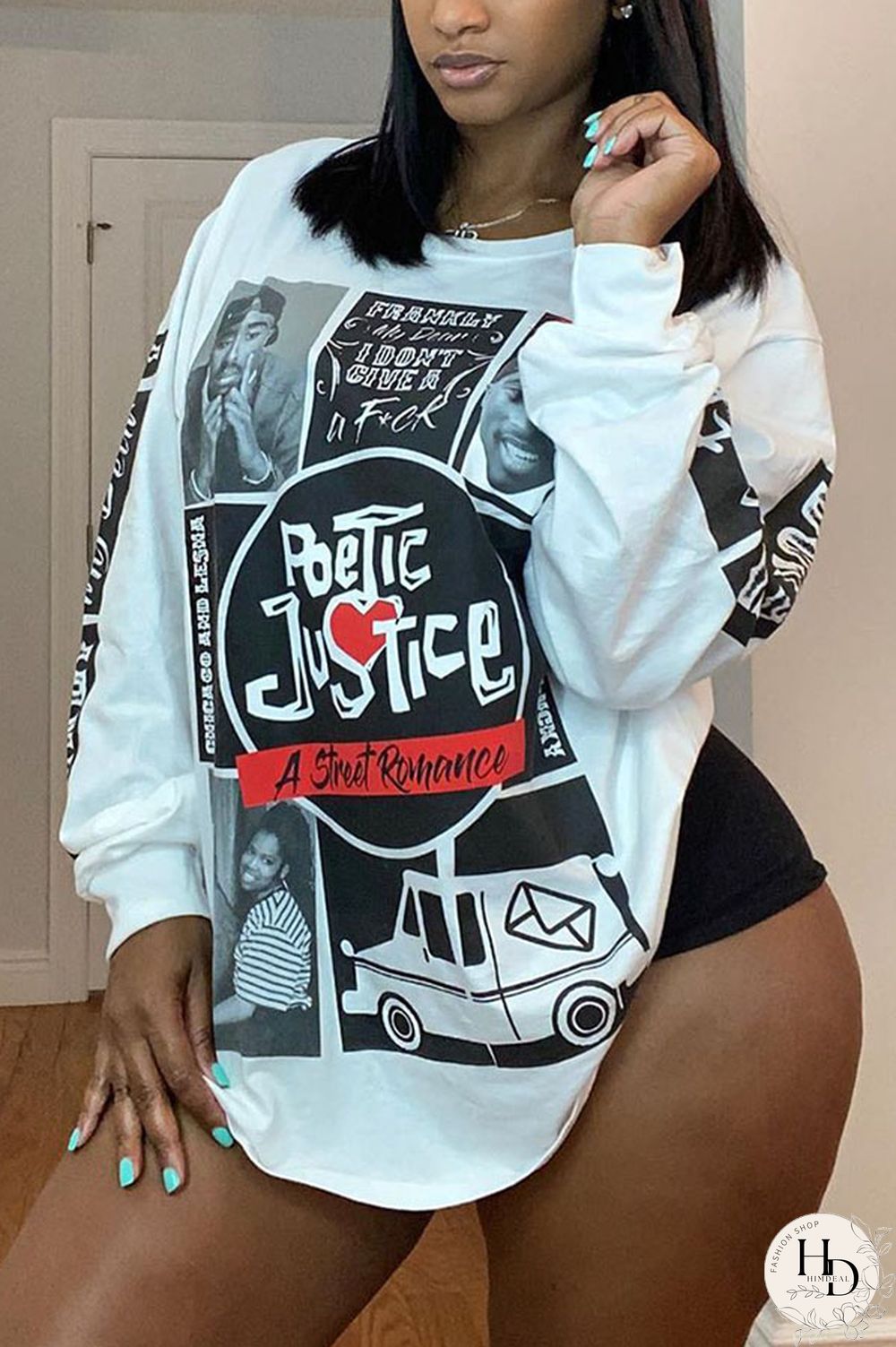 White Polyester O Neck Long Sleeve Print Tops