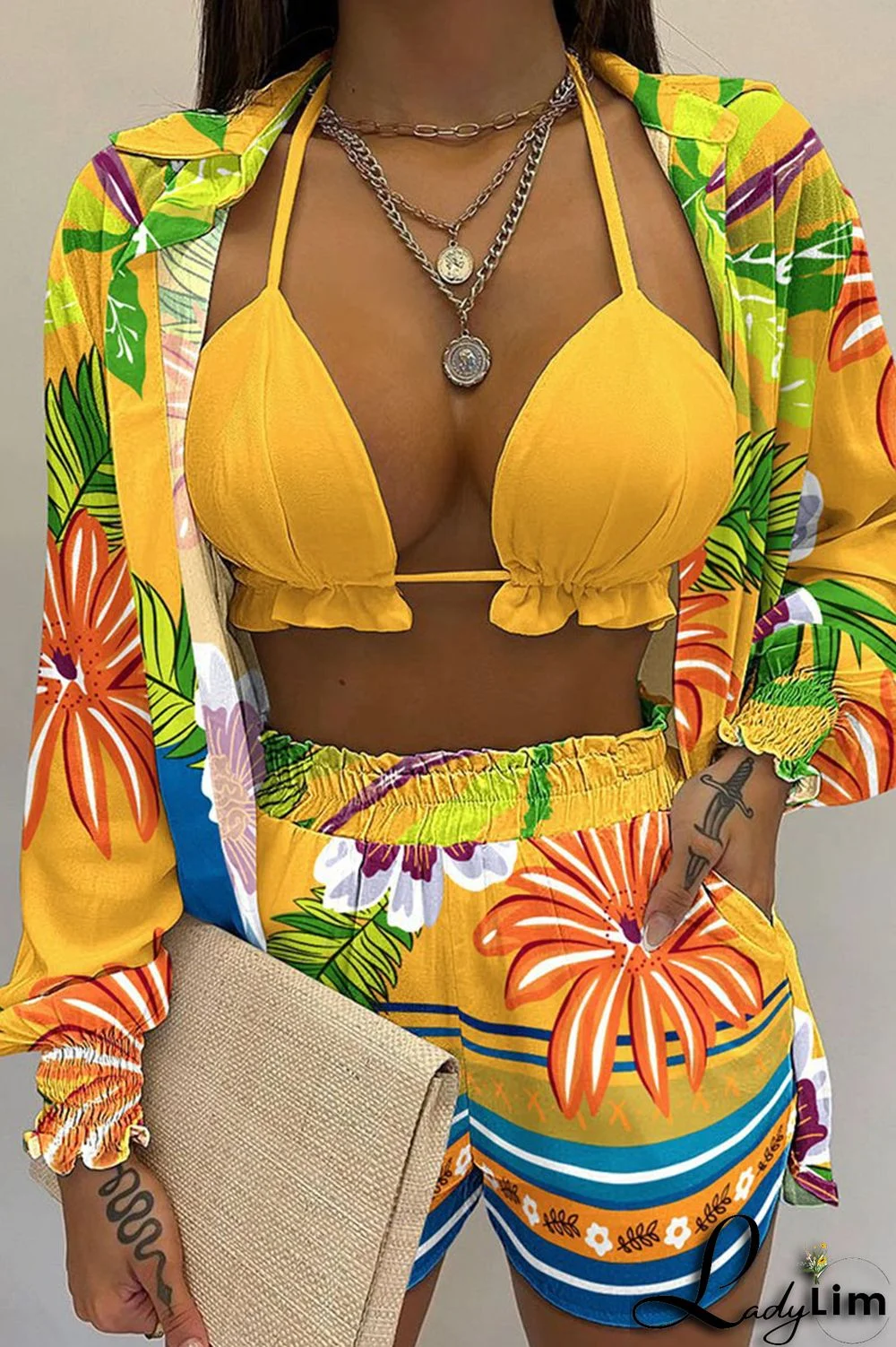 Yellow Sexy Print Patchwork Turndown Collar Long Sleeve Three Pieces