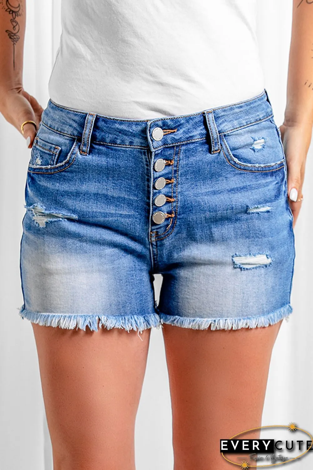 Sky Blue Ripped Tasseled Hem Buttons Jean Shorts