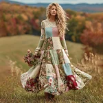 Women's Vintage Floral Patchwork Art Cozy Knit Maxi Sweater Dress - Image 2