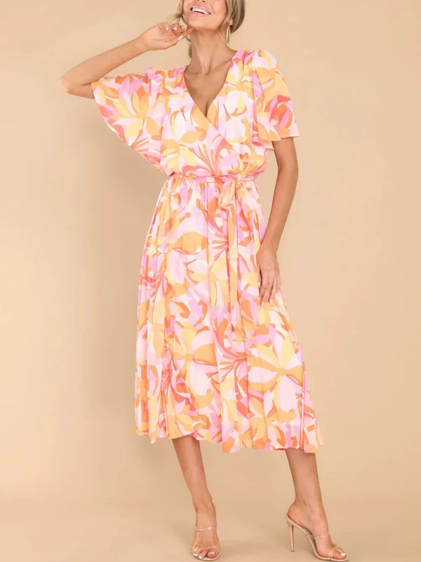 Pink Orange Floral Midi Short Sleeve Tie Dress