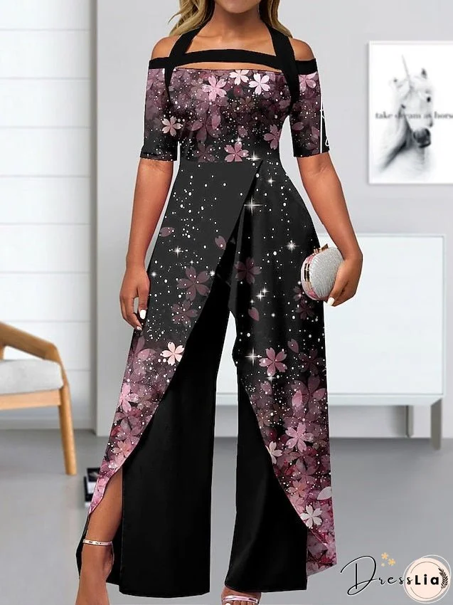 Women's Jumpsuit Print Floral Off Shoulder Elegant Holiday Going Out Wide Leg Regular Fit Short Sleeve Pink Blue Green