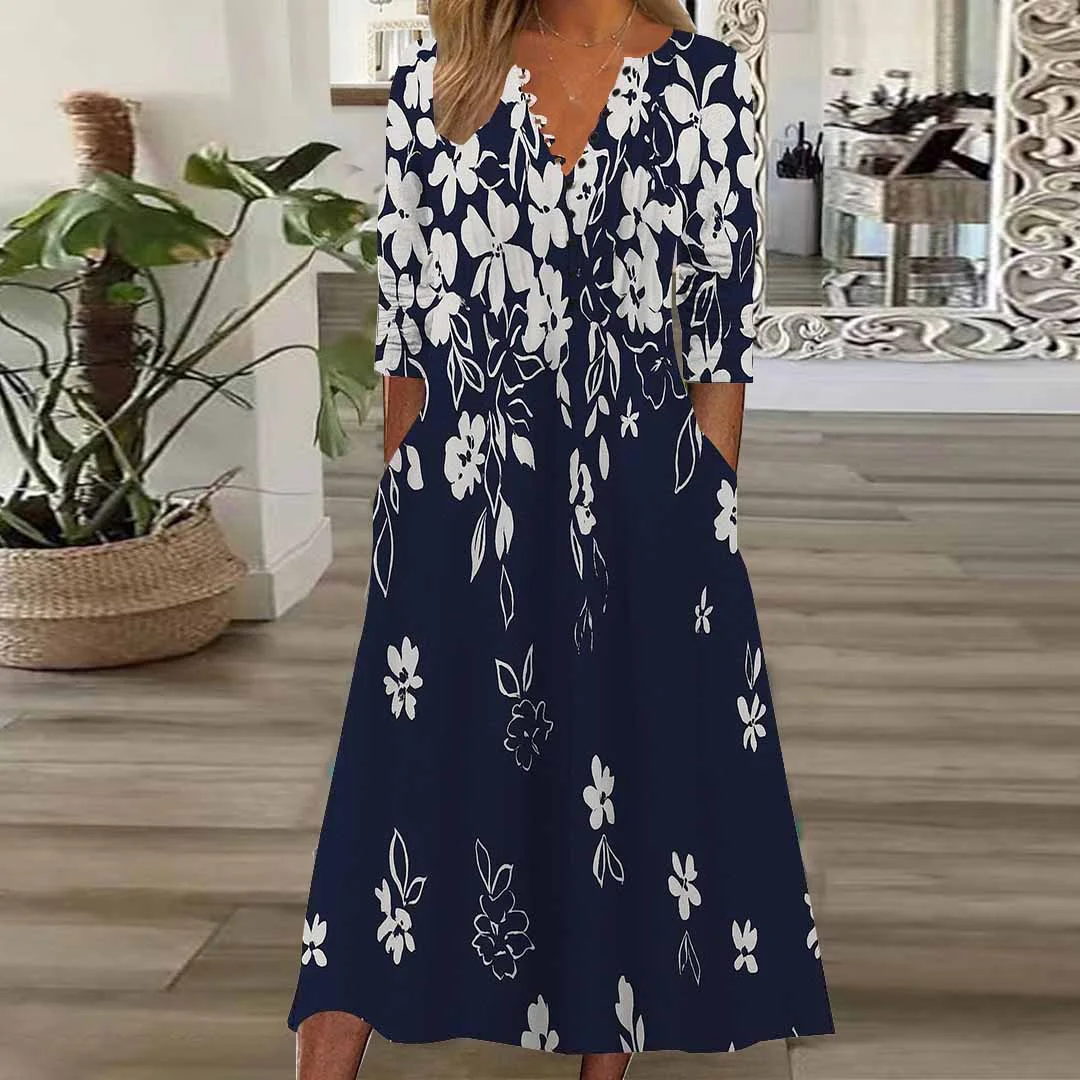 Women Floral,Blue DZHB8274 Long Sleeve V-Neck Graphic Printed Midi Dress
