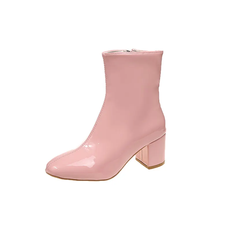 Breakj Breakj Winter New Korean Version Of High-Heeled Thin Boots Fashion Short Boots Women's Large Size Shoes Bright Leather Side Zipper Coarse