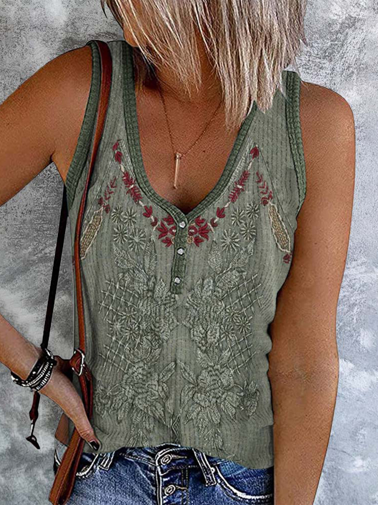Comstylish Western Tribal Pattern Print Button Casual Tank Top