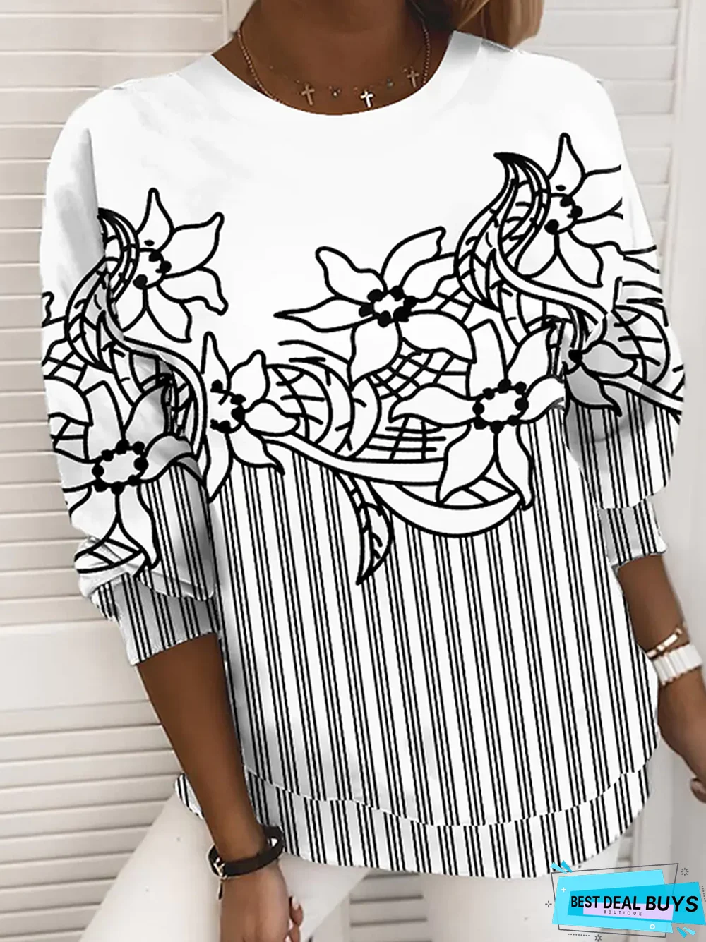 Loose Jersey Crew Neck Floral Hoodies & Tunic Sweatshirt