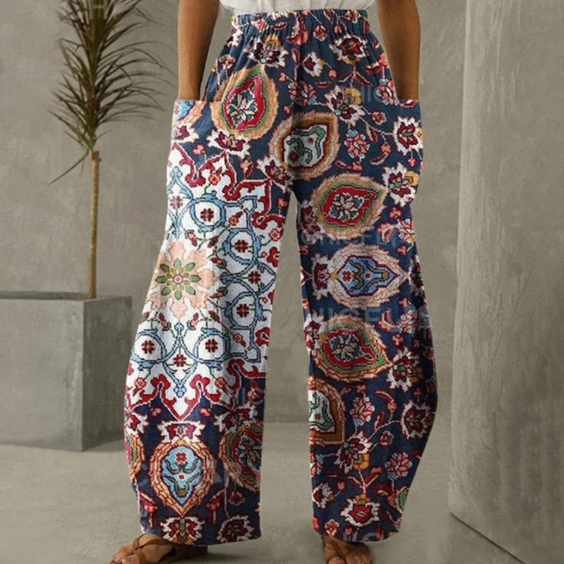 Ethnic Elaborate Floral Print Loose Casual Pants