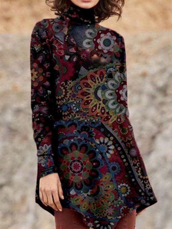 Turtleneck Retro Print Asymmetrical Hem Top