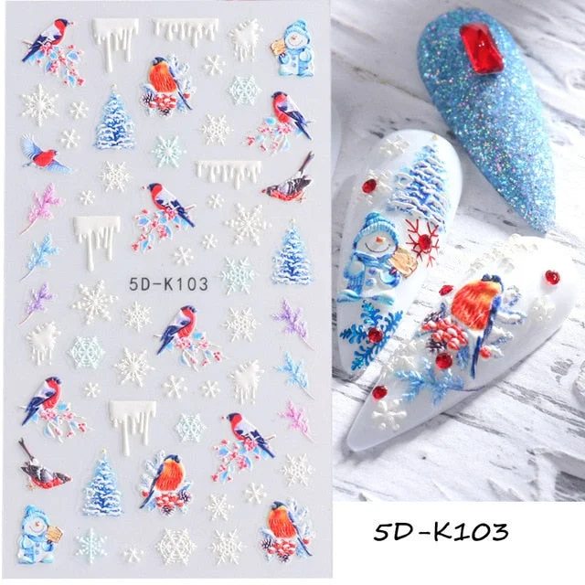 Nail Stickers Embossed 5D Color Christmas Snowflake Snowman Bird Gift Decals Decoration Tips For Beauty Salons-Nail Inspo