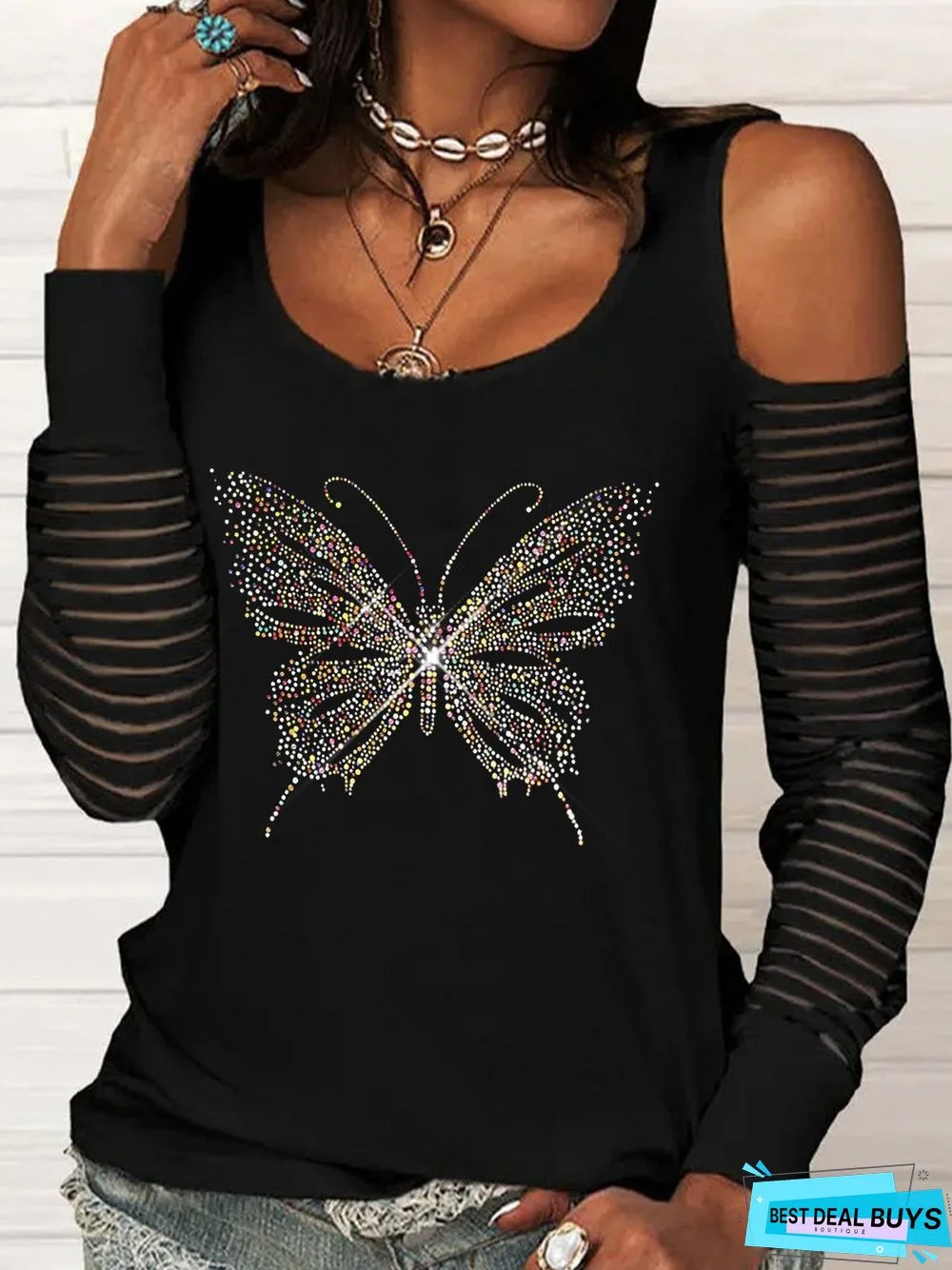 Crew Neck Casual Butterfly Jersey T-Shirt