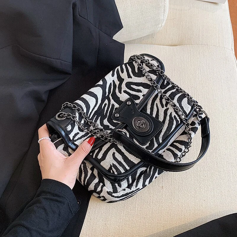 էѧӧܧ Zebra Pattern Small PU Leather Crossbody Bags for Women 2021 Winter Chain Shoulder Handbags Female Travel Purses
