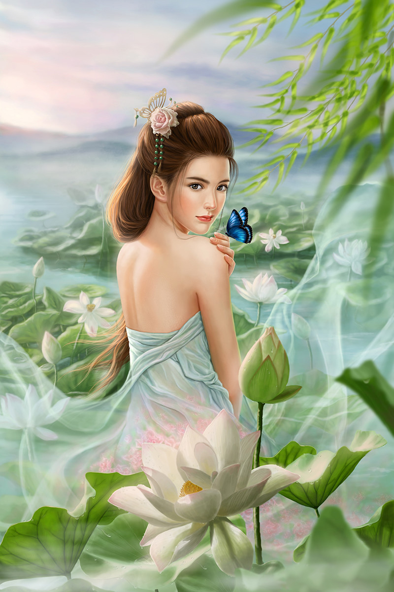 Ancient Girl Butterfly Lotus 30*50CM(Canvas) Full Round Drill Diamond Painting gbfke