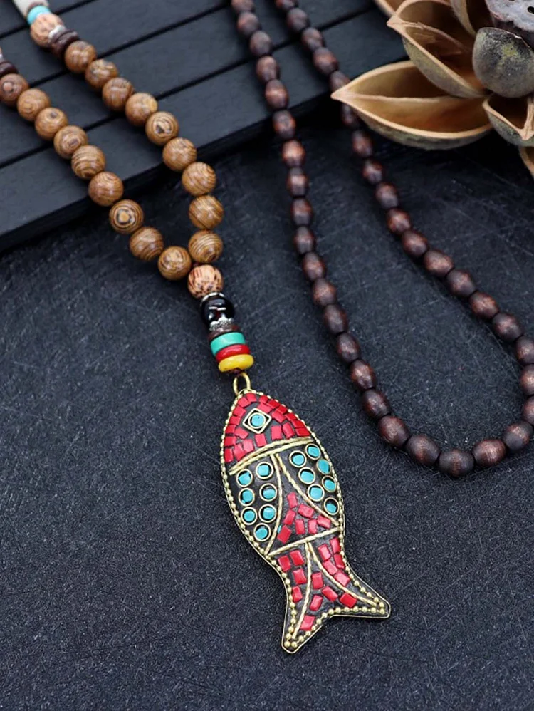 Ethnic Style Beaded Long Pendant Necklace