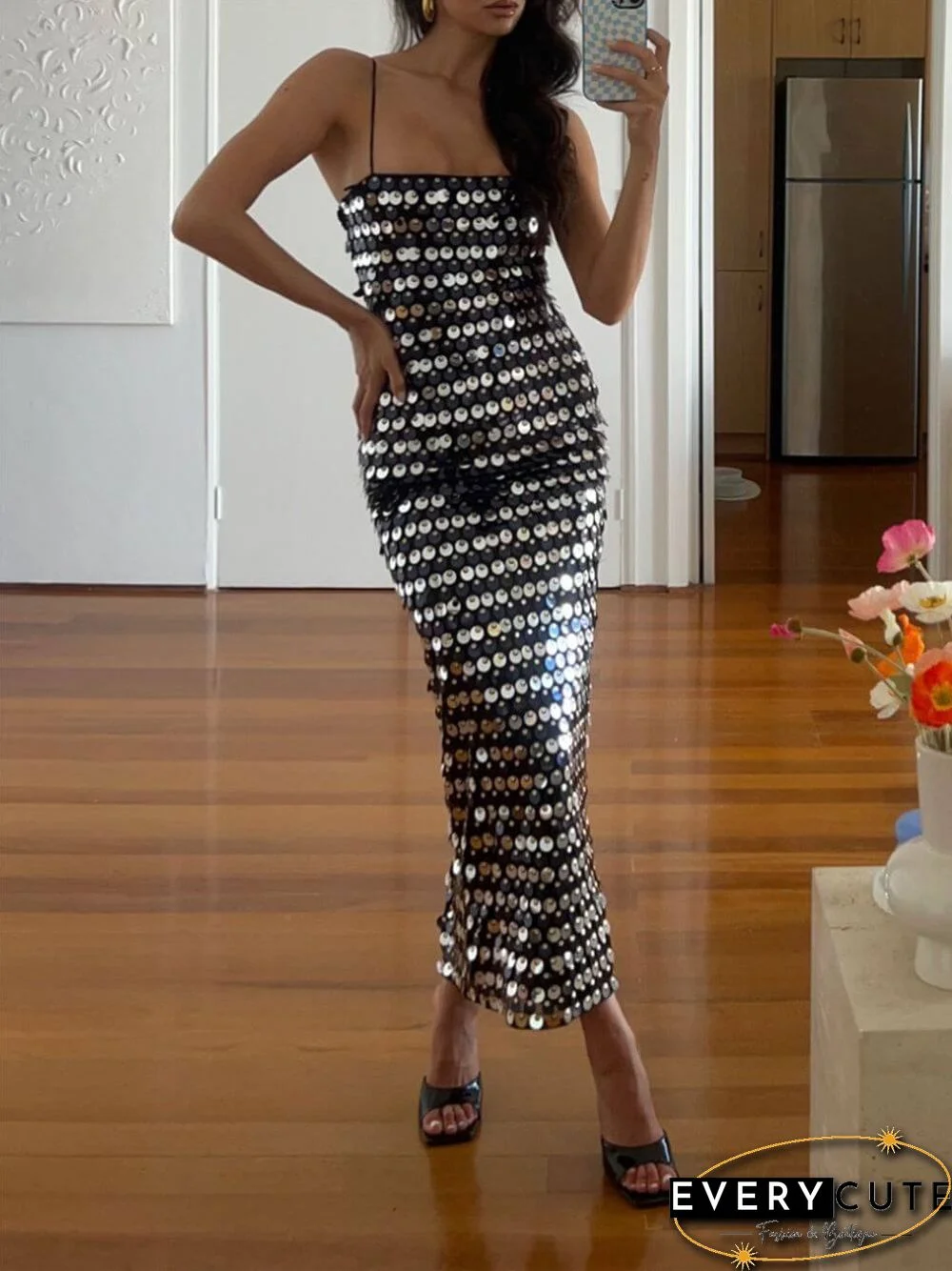 Silver Sequin Strap Midi Dress