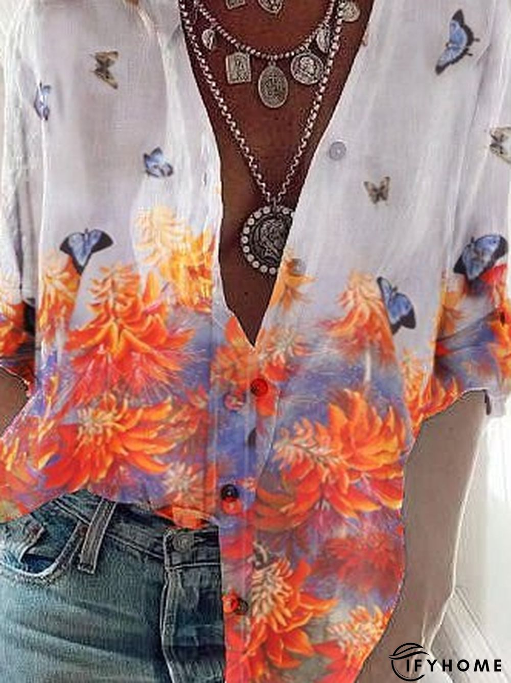 Butterfly Long Sleeve V Neck Blouse | IFYHOME