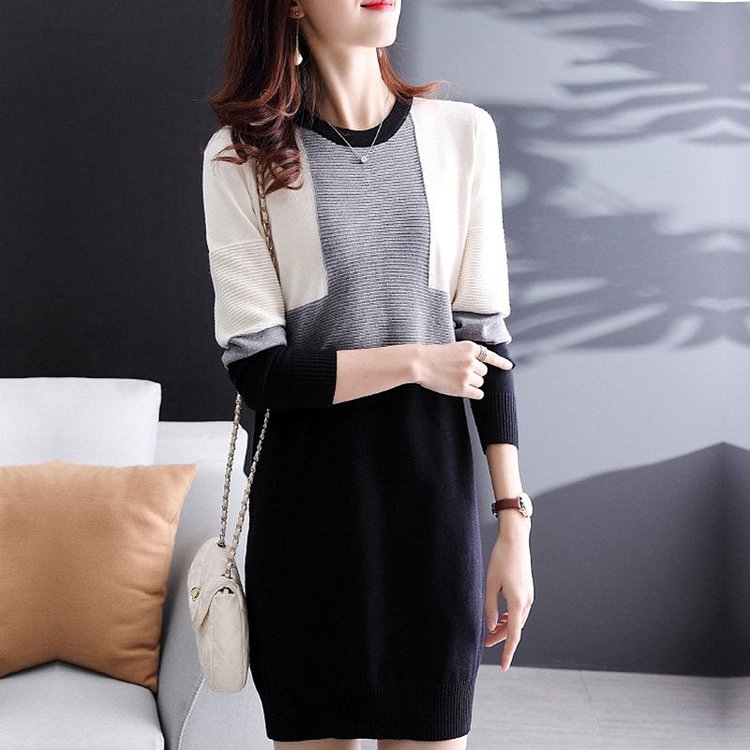 Long Sleeve Patchwork Knitted Dresses