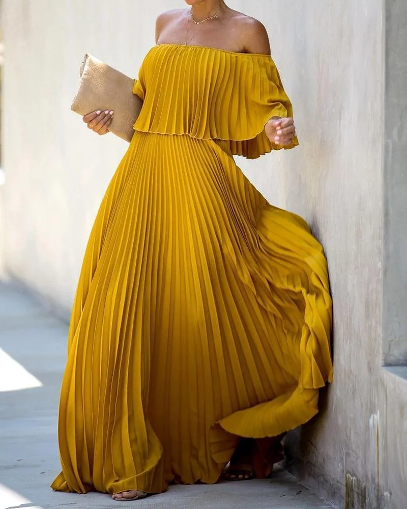 One-shoulder Pleated Chiffon Maxi Dress