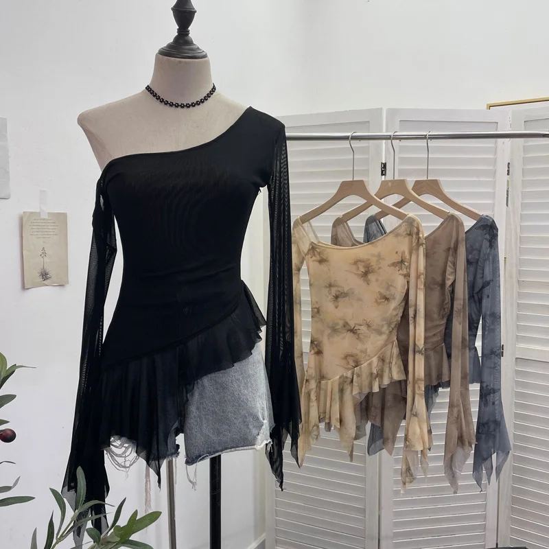 Nigikala Nigikala Tie-Dye-Print Oblique Shoulder Dress Repair Irregular Lotus Horn Long-Sleeved Mesh T-Shirt 9955