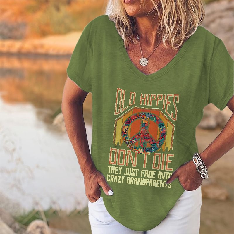 Old Hippies Don't Die Printed V-neck T-shirt