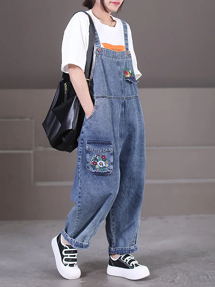 Women Casual Emboridery Pocket Loose Denim Jumpsuits