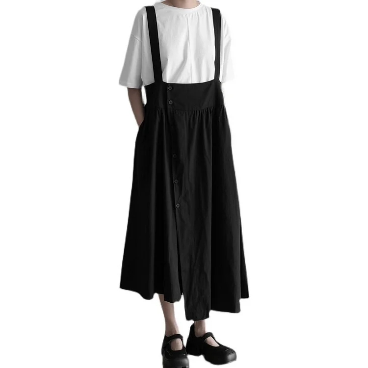 Fashion Loose Irregular Oblique Buckle Black Backless Pleated Strap Skirt      