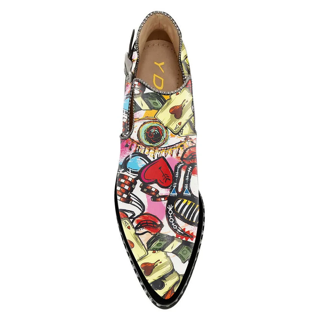 Multicolor Chunky Heel Cartoon Poker Studded Buckle Strap Ankle Boots