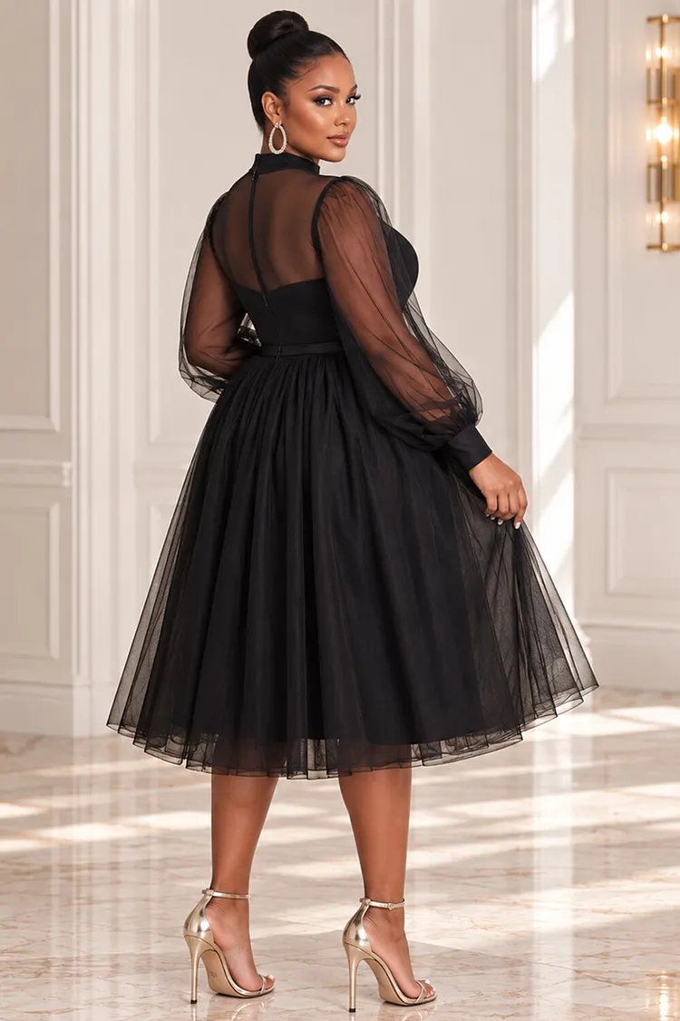 Xpluswear Design Plus Size Party Black Mock Neck Lantern Sleeve
