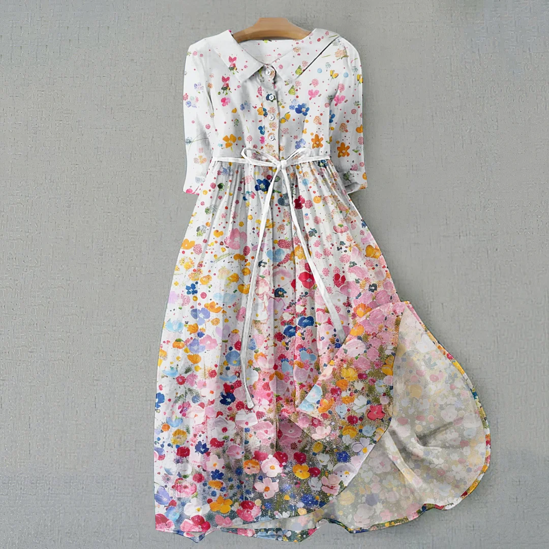 Gradient Floral Print Lapel Lace-Up Midi Dress