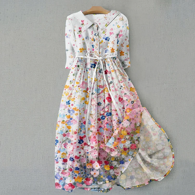 Gradient Floral Print Lapel Lace-Up Midi Dress