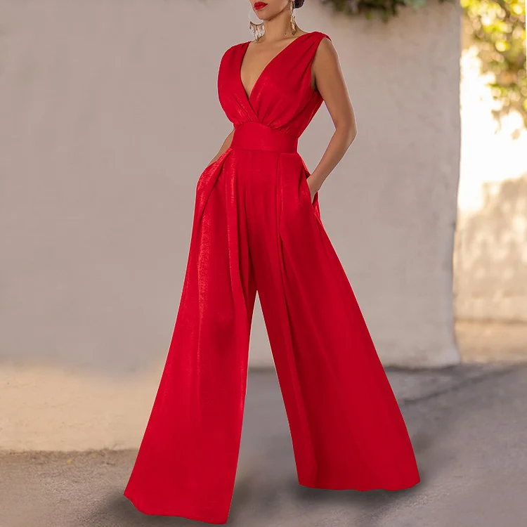 V Neck Sleeveless Red Loose Jumpsuit