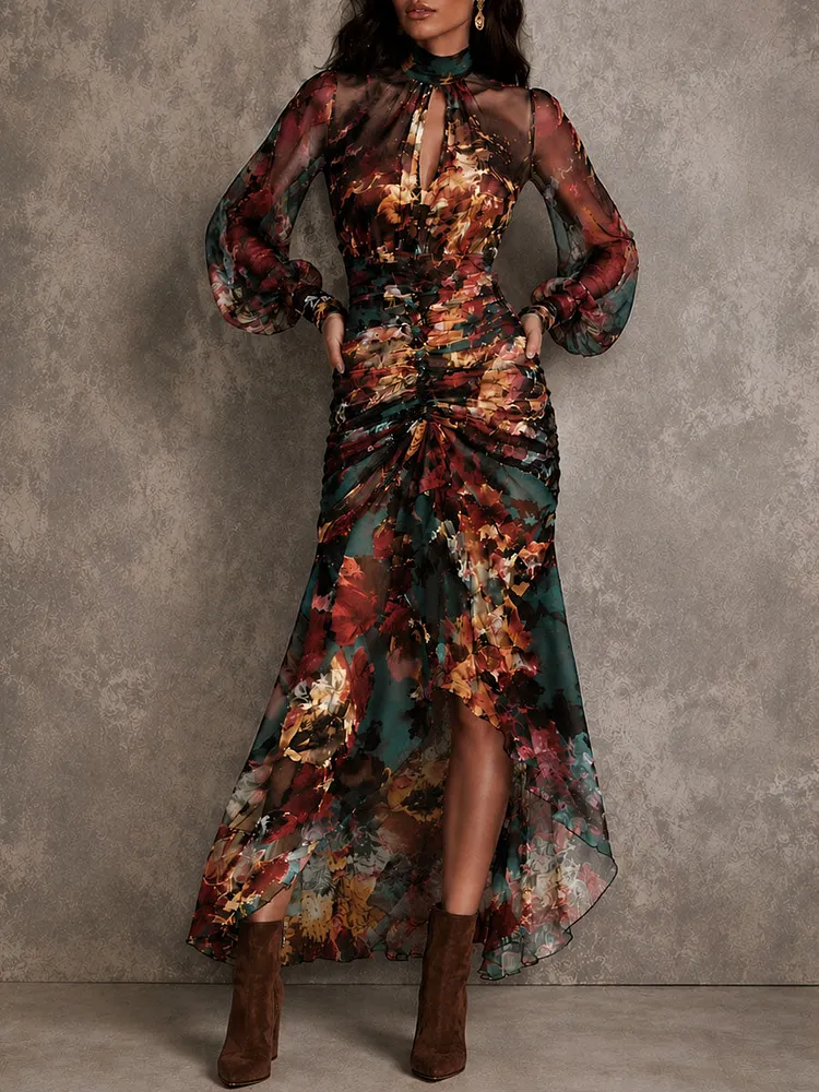 Vintage Floral Chiffon Keyhole Neck Ruched High Low Midi Dress
