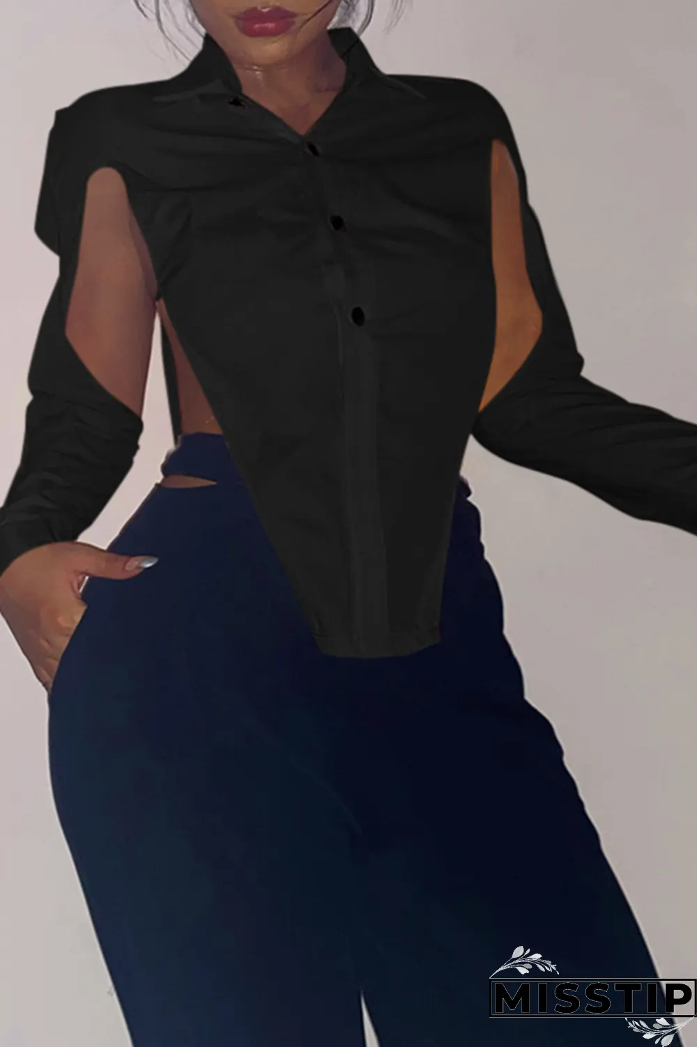 Grey Sexy Solid Hollowed Out Turndown Collar Tops