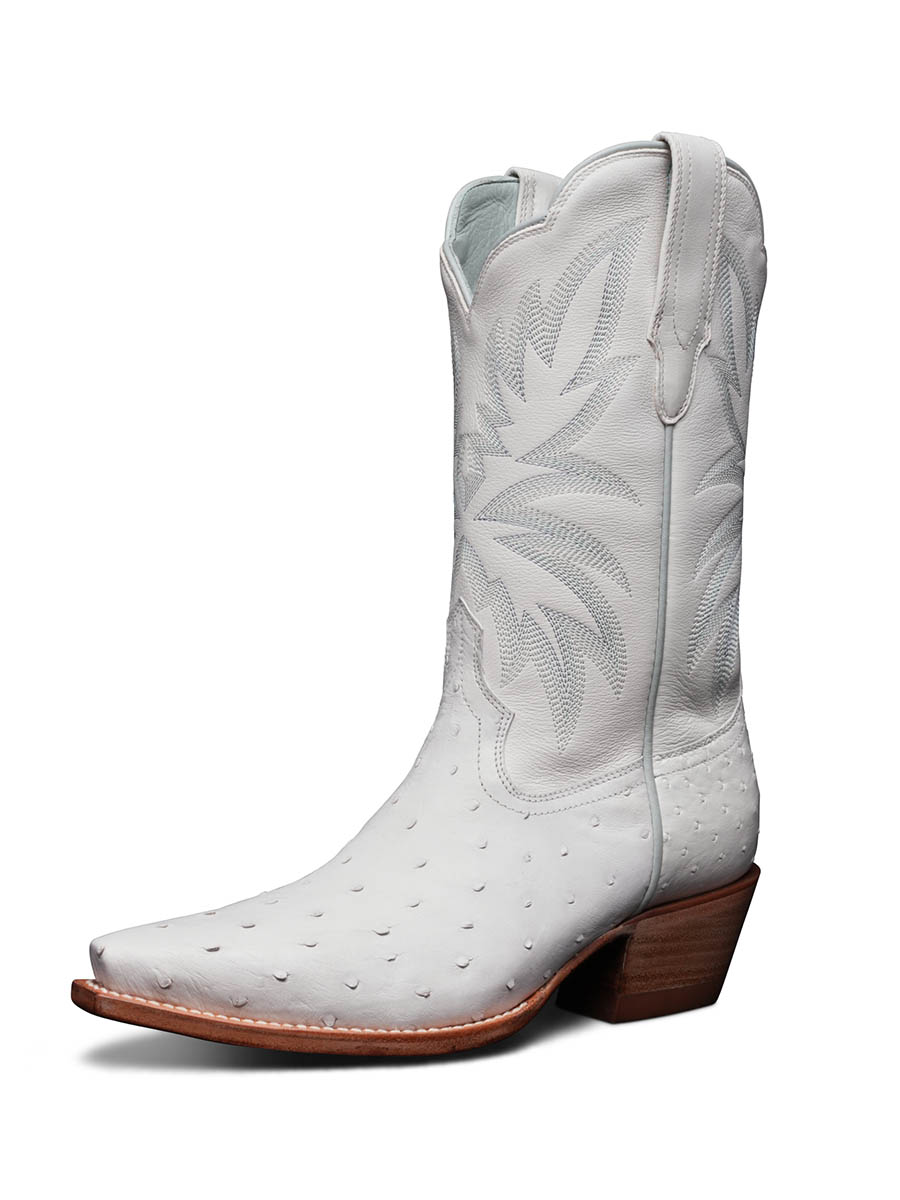 White Ostrich Embossed Snip Toe Chunky Heel Bridal Cowgirl Boots