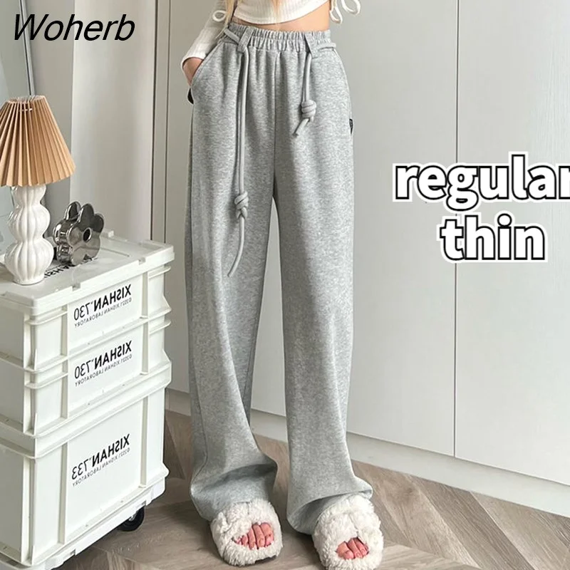 Woherb Pants Women Mopping Drawstring Full Length Loose Streetwear Sporty Solid Minimalist Winter Clothes High Waist Korean Chic