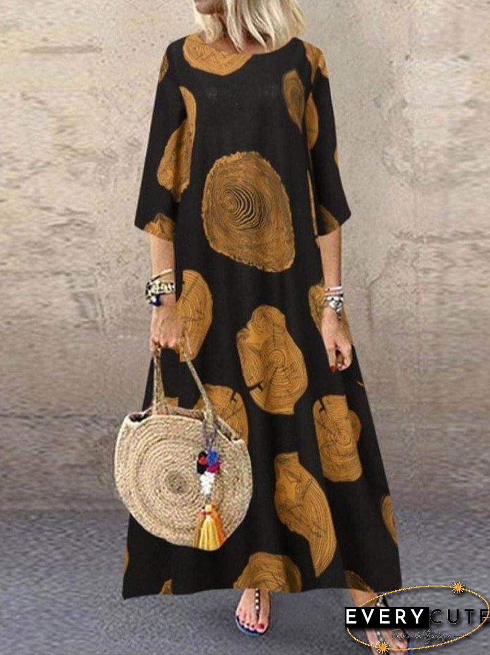 Vintage Cotton Print A-Line Round Neck Casual Maxi Weaving Dress