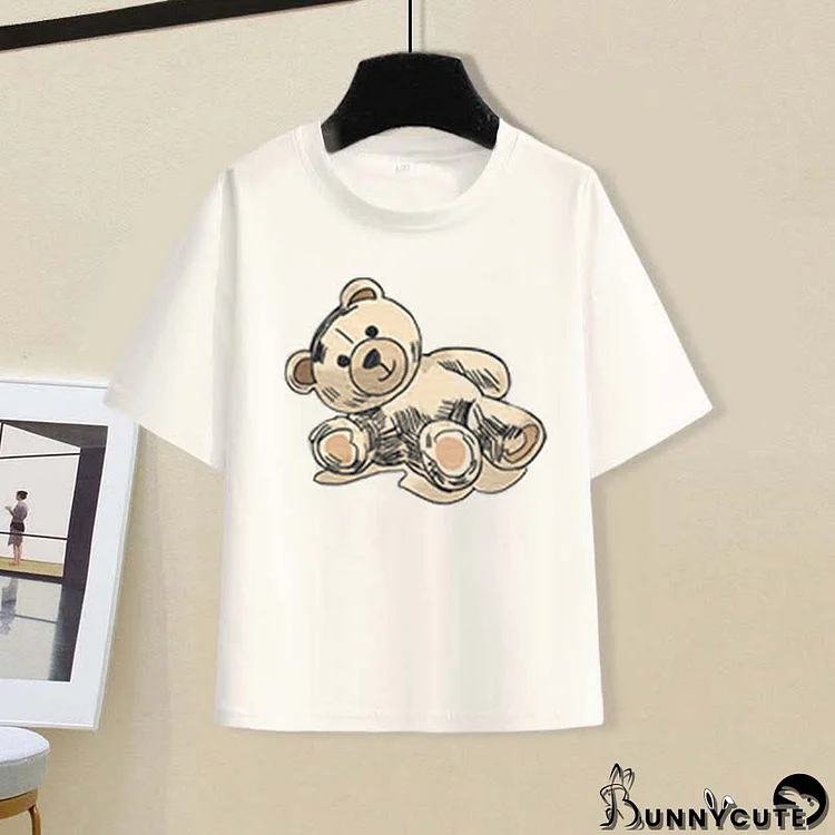 Cartoon Bear Print Round Collar Casual T-Shirt Irregular Fishtail Skirt