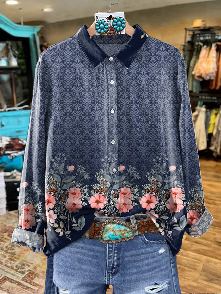 Vintage Flower Pattern Art Graffiti Women's Print Casual Cotton Shirt